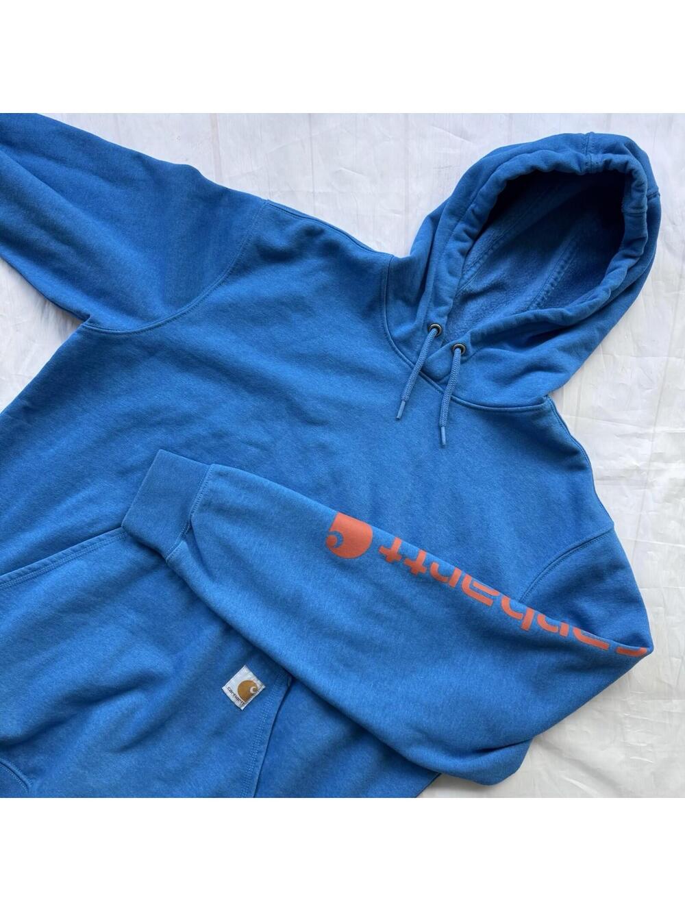 Carhartt Hoodie Mens Large L Blue Loose Fit Sleeve Logo Pullover Sweatshirt Work
